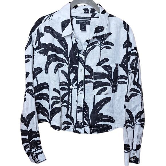 Tahari 100% linen long sleeve black and white tropical palm leaf button up top - Picture 1 of 5